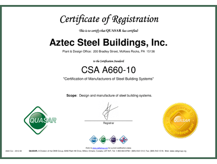 CSA A660 Certificate